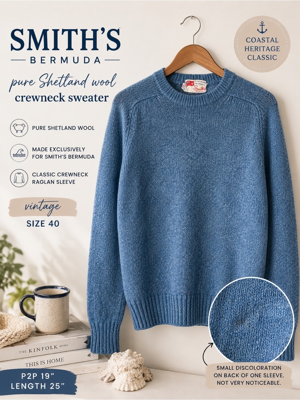 Smith’s Bermuda Pure Shetland Wool Blue Crewneck Sweater Size 40 US Mens Small